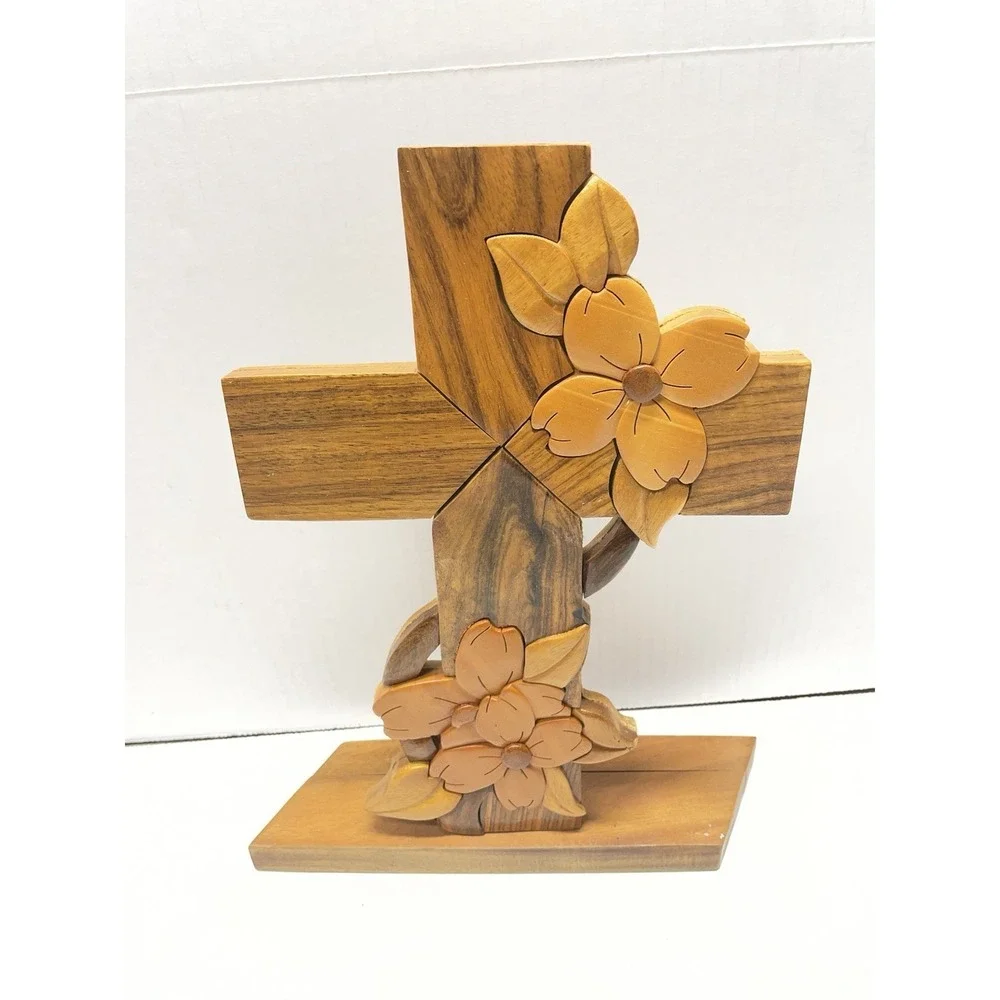 Handcrafted Inlaid Wooden Cross w/floral motif